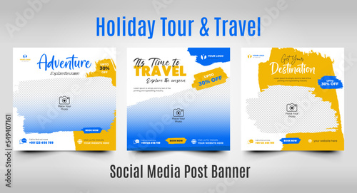 Travel social media post template for summer holiday tourism marketing and offer sale web square flyer post or banner design promotion vector template.