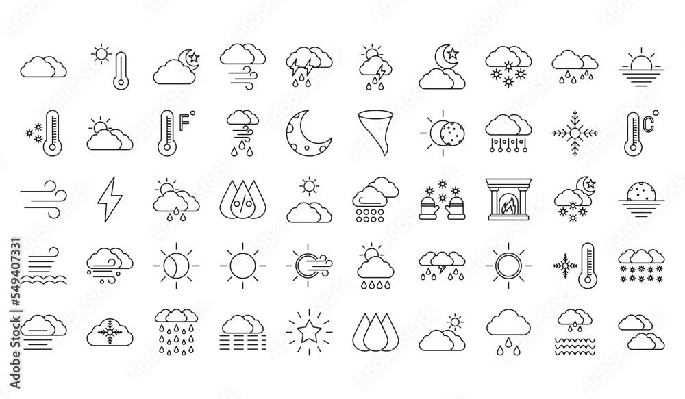 Set of 50 weather web icons in line style. Weather , clouds, sunny day, moon, snowflakes, wind, sun day. Vector illustration