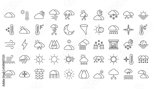 Set of 50 weather web icons in line style. Weather , clouds, sunny day, moon, snowflakes, wind, sun day. Vector illustration