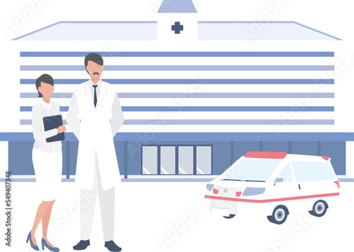 大きな総合病院と救急車と働く男性の医者と女性の看護師