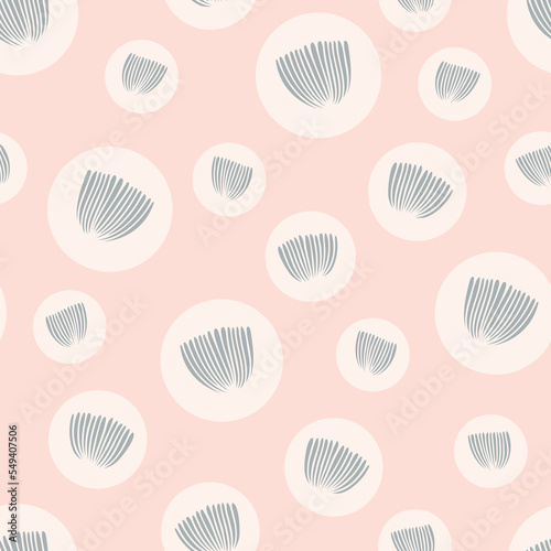 Vector repeat pattern with subtle blue grey flower blossoms in light pink circles on pink background