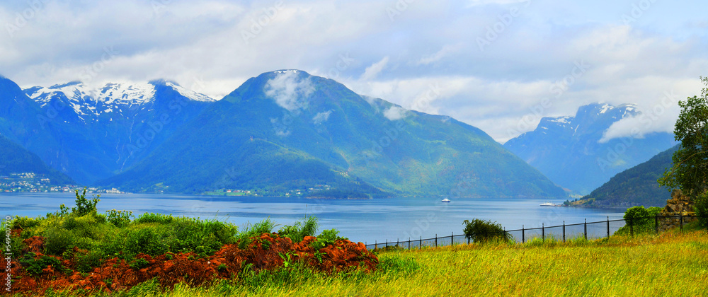 Fototapeta premium Norway. Vik. The southern bank of the Sognefjorden. Vik is a municipality in Vestland county, Norway. It is located on the southern shore of the Sognefjorden in the traditional district of Sogn.