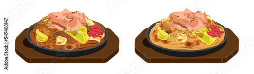 かつお節を乗せた焼きそばと焼きうどんのセット・鉄板