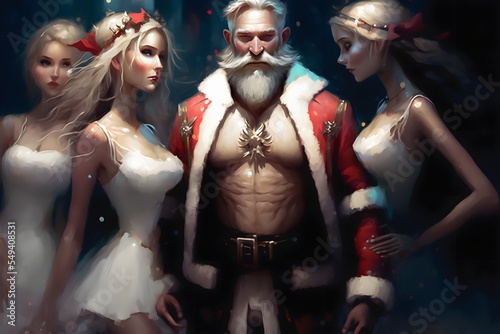 Muscular macho Santa accompanied by beautiful divine elves. Presenting the new collection of Christmas clothing for Santa. Fancy mustache and beard. Digital painting © stockcrafter