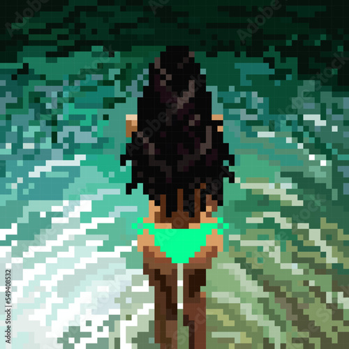Half-naked beautiful young girl is standing. back view, she's wearing a bright green thong swimsuit. sea's water is azure blue pale green. Woman is tanned, long dark hair. Pixel Art. Mosaic Vintage © Natalya
