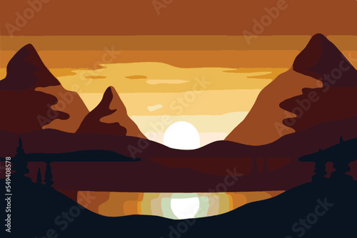 Exclusive nature landscape illustration. Premium colorful abstract background with dynamic shadow, consisting of hills, lake, desert, sun, gradient color, artistic texture, epic mountains, beautiful