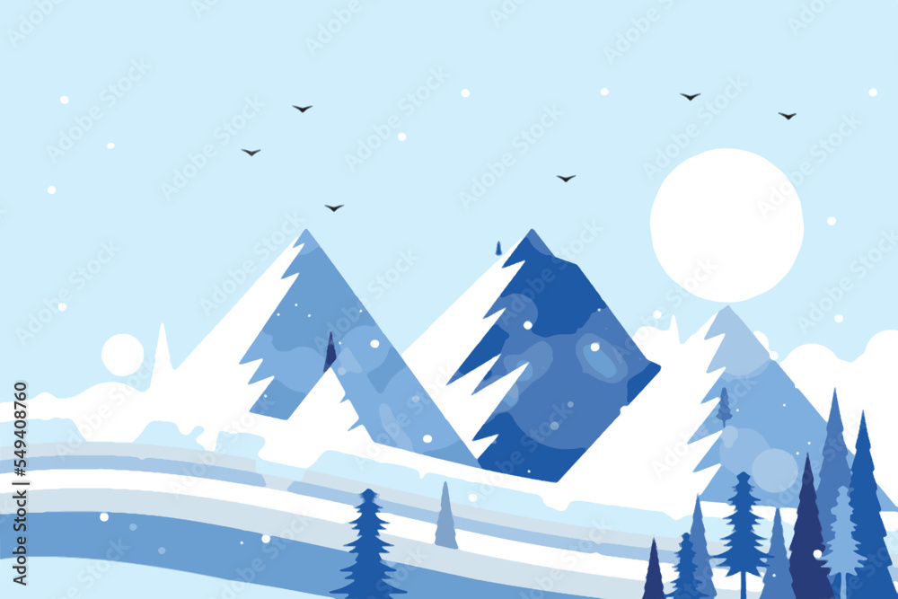 Exclusive winter landscape illustration. Premium colorful abstract background with dynamic shadow, consisting of hills, snow, ice, trees, forest, gradient , artistic texture, epic mountains, beautiful