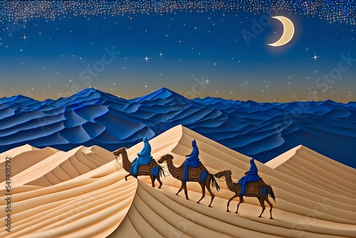 Photo Paper cut art of three wise kings Melchior, Caspar and Balthasar, riding camels following the star of Bethlehem