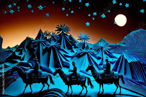 Valokuva Paper cut art of three wise kings Melchior, Caspar and Balthasar, riding camels following the star of Bethlehem