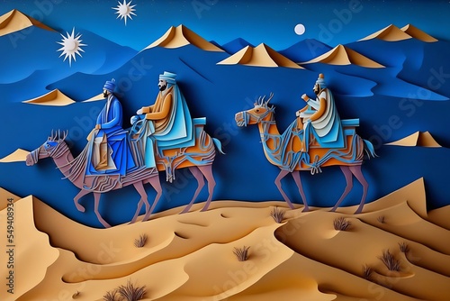 Canvastavla Paper cut art of three wise kings Melchior, Caspar and Balthasar, riding camels following the star of Bethlehem