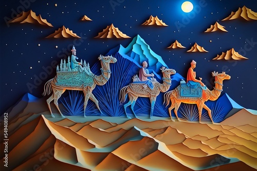 Fotótapéta Paper cut art of three wise kings Melchior, Caspar and Balthasar, riding camels following the star of Bethlehem