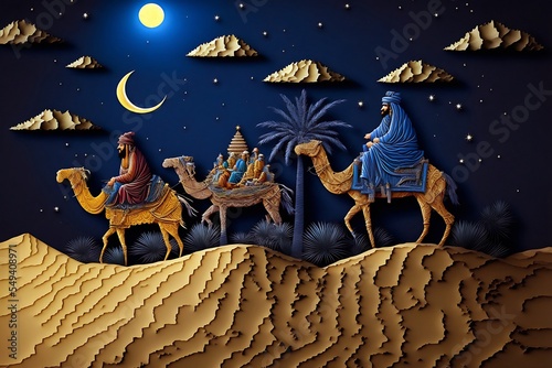 Print op canvas Paper cut art of three wise kings Melchior, Caspar and Balthasar, riding camels following the star of Bethlehem