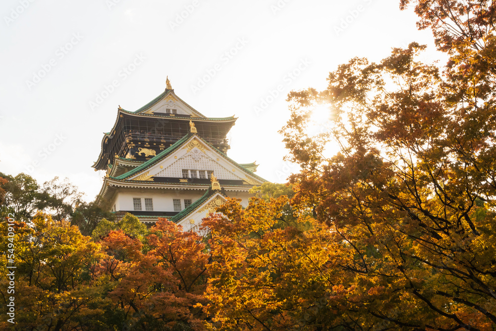 Osaka Castle is one of the greatest castles in Japan and the most famous landmark in Osaka City. Beautiful in autumn leaves with blue sky on background. Osaka Castle is one of the greatest castles in Japan and the most famous landmark in Osaka City. Beautiful in autumn leaves with blue sky on background.