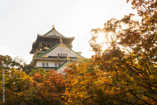 Osaka Castle is one of the greatest castles in Japan and the most famous landmark in Osaka City. Beautiful in autumn leaves with blue sky on background. 