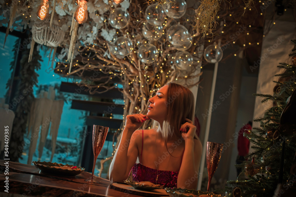 Illustration of Christmas party, New year at Home. Nice European or American lady at Holidays. Pretty cozy home atmosphere