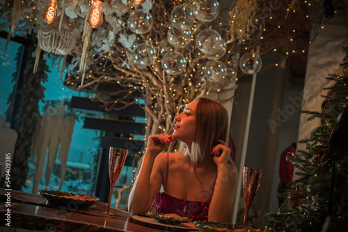 Illustration of Christmas party, New year at Home. Nice European or American lady at Holidays. Pretty cozy home atmosphere