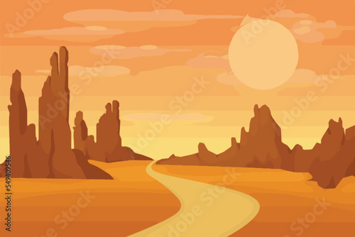 Exclusive nature landscape illustration. Premium colorful abstract background with dynamic shadow  consisting of hills  lake  desert  sun  gradient color  artistic texture  epic mountains  beautiful