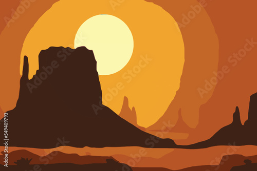 Exclusive nature landscape illustration. Premium colorful abstract background with dynamic shadow, consisting of hills, lake, desert, sun, gradient color, artistic texture, epic mountains, beautiful