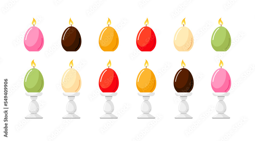 Easter candles with fire in glass candlesticks. Egg shape aroma wax with burning flame for spa, relax, cozy home interior. Set of vector colorful cartoon illustrations isolated on white background Easter candles with fire in glass candlesticks. Egg shape aroma wax with burning flame for spa, relax, cozy home interior. Set of vector colorful cartoon illustrations isolated on white background