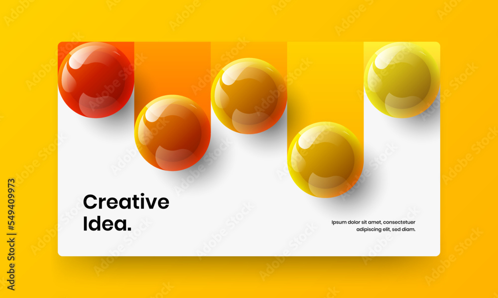 Trendy company cover design vector template. Bright 3D spheres website concept.