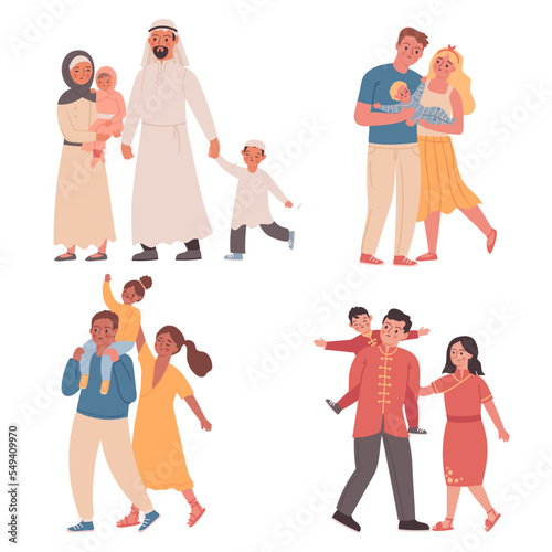 Families of different nationalities. Parents with children wearing traditional arabic and chinese clothes. Mother, father and kids