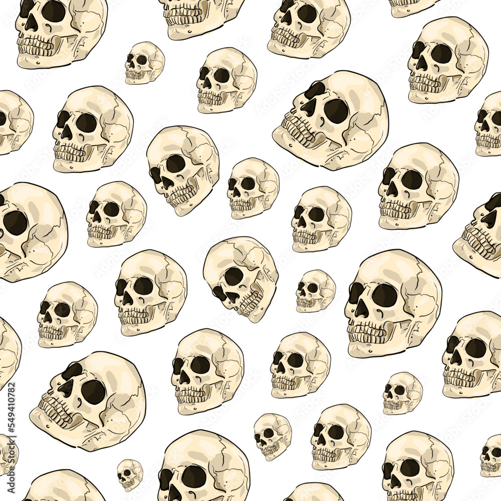 drawn cartoon old human skull. seamless pattern on a white background