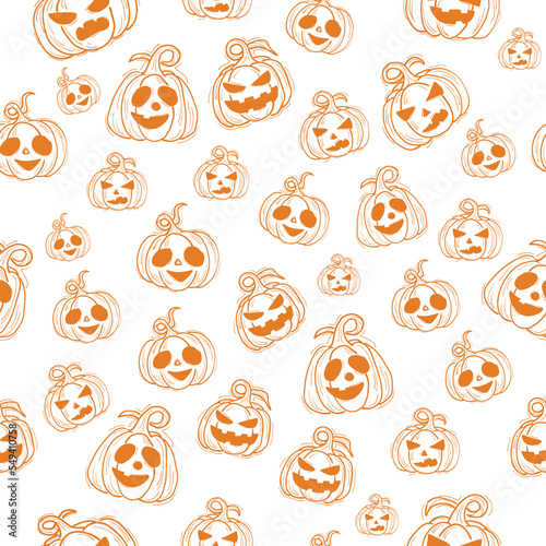 pattern drawn Halloween pumpkin with different faces. orange sketch on white