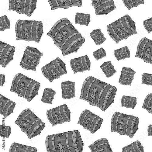 drawn cartoon ancient silver closed treasure chest. seamless pattern on a white background