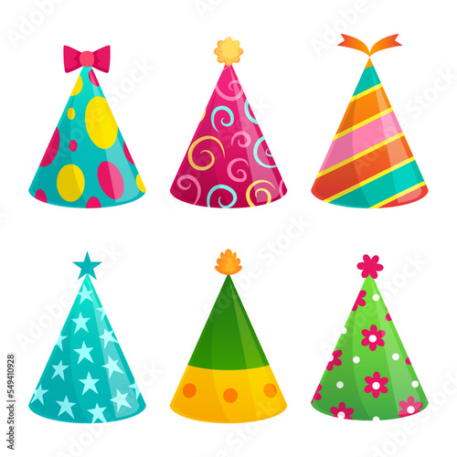Cartoon birthday party caps. Colorful funny hats for event celebration. Holiday festive accessories with spots