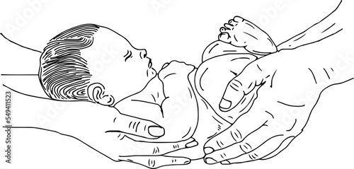 Happy new born Baby in hands of parents sketch drawing illustration, Gynecology doctor giving newborn baby to parents hands vector clip art, sleeping baby in hand cartoon drawing