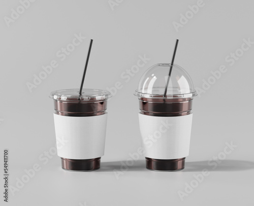 A realistic transparent disposable ice cup with a cup holder, Transparent plastic cup mockup with lid, Iced Americano, 3d rendering