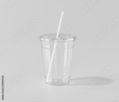 A realistic transparent disposable ice cup with, Transparent plastic cup mockup with lid, 3d rendering