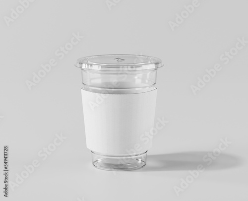 A realistic transparent disposable ice cup with a cup holder, Transparent plastic cup mockup with lid, 3d rendering