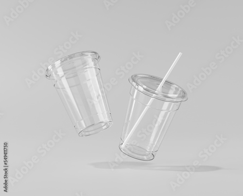 A realistic transparent disposable ice cup with, Transparent plastic cup mockup with lid, 3d rendering