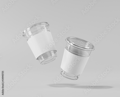 A realistic transparent disposable ice cup with a cup holder, Transparent plastic cup mockup with lid, 3d rendering