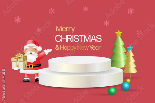 Merry Christmas sale. Product display podium with Santa Claus , Christmas tree and decorative ornaments. 3D vector.