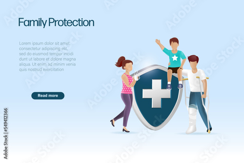 Accident insurance concept. Broken leg man with family holding medical shield. Rehabilitation and treatment protection service after accident for family. 3D realistic vector.