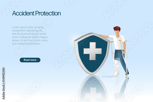 Accident insurance concept. Broken leg man with plaster cast walking with crutches holding medical shield. Rehabilitation and treatment protection service after accident. 3D realistic vector.