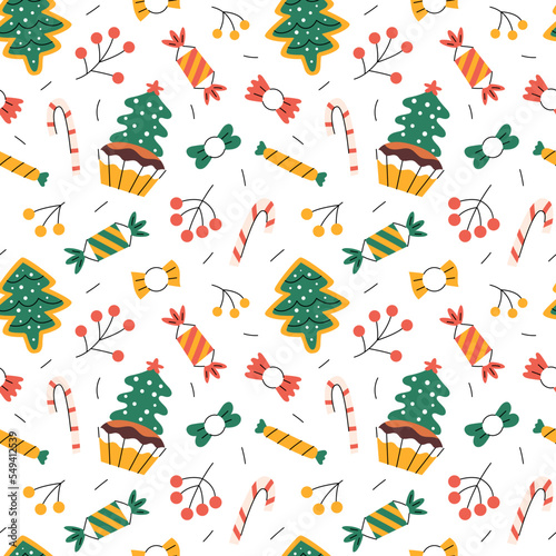 Seamless pattern with various Christmas sweets, cupcake, fir-tree cookie, holy tree berries (ID: 549412539)