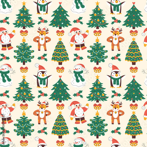 Seamless pattern with various Christmas characters, Santa Claus, reindeer, snowman, penguin and decorated fir-trees (ID: 549412557)