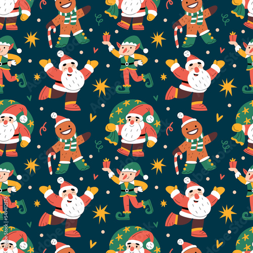 Seamless pattern with various Christmas characters, Santa Claus, elf, gingerbread man (ID: 549412576)