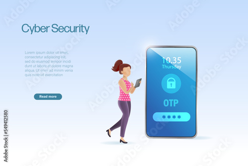 Woman input OTP one time password, two factor authentication on smartphone to unlock and access to business data network. Business security protection from cyber attack.