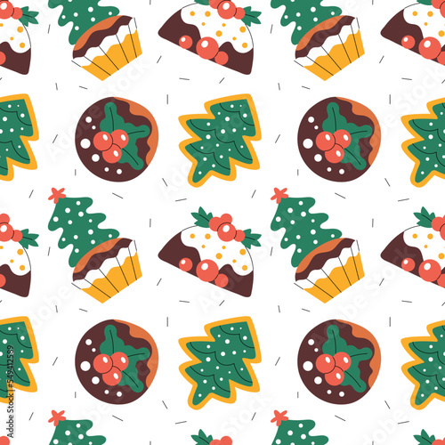 Seamless pattern with various Christmas sweets, pudding, cupcake, fir-tree cookie (ID: 549412589)
