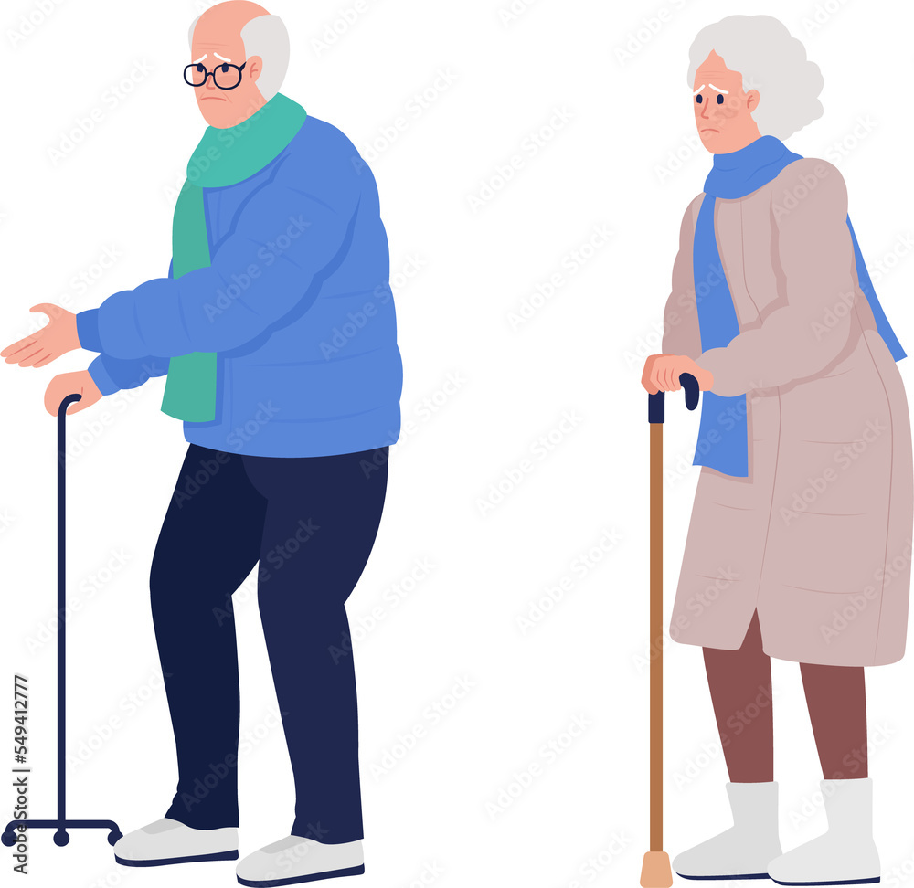 Elderly people with walking canes semi flat color raster character set. Standing figures. Full body people on white. Simple cartoon style illustration collection for web graphic design and animation Elderly people with walking canes semi flat color raster character set. Standing figures. Full body people on white. Simple cartoon style illustration collection for web graphic design and animation