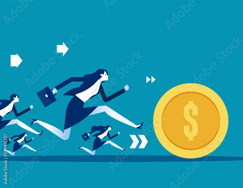Business team runs behind a rolling coin. Business chasing profit vector illustration