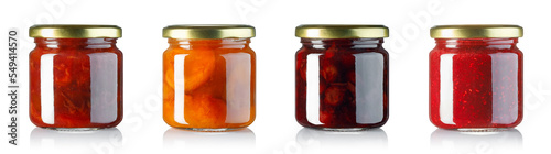 set of jam in small glass jars with metallic lids isolated on white