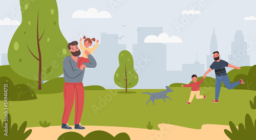 Man spend time with children. Person holding daughter on shoulder, dad running with son and playing with dog