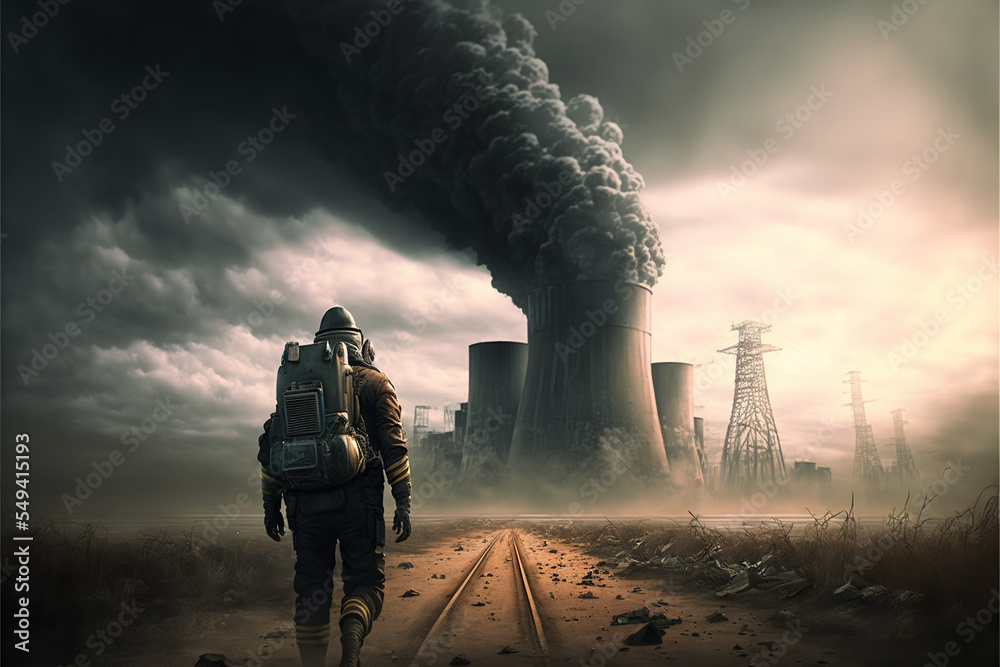 Obraz premium Post apocalyptic survivor in gas mask. Environmental disaster, armageddon concept.