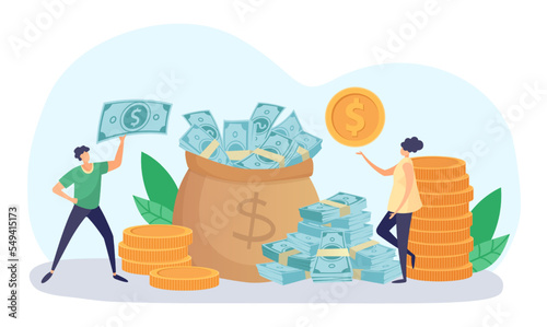 Tiny people putting coins and dollar banknotes into big sack full of money. Man and woman saving or investing cash