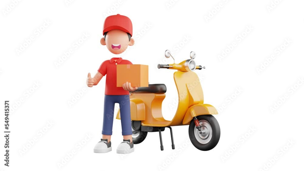 courier character doing thumbs up pose with yellow motorcycle. 3d animation courier character doing thumbs up pose with yellow motorcycle. 3d animation